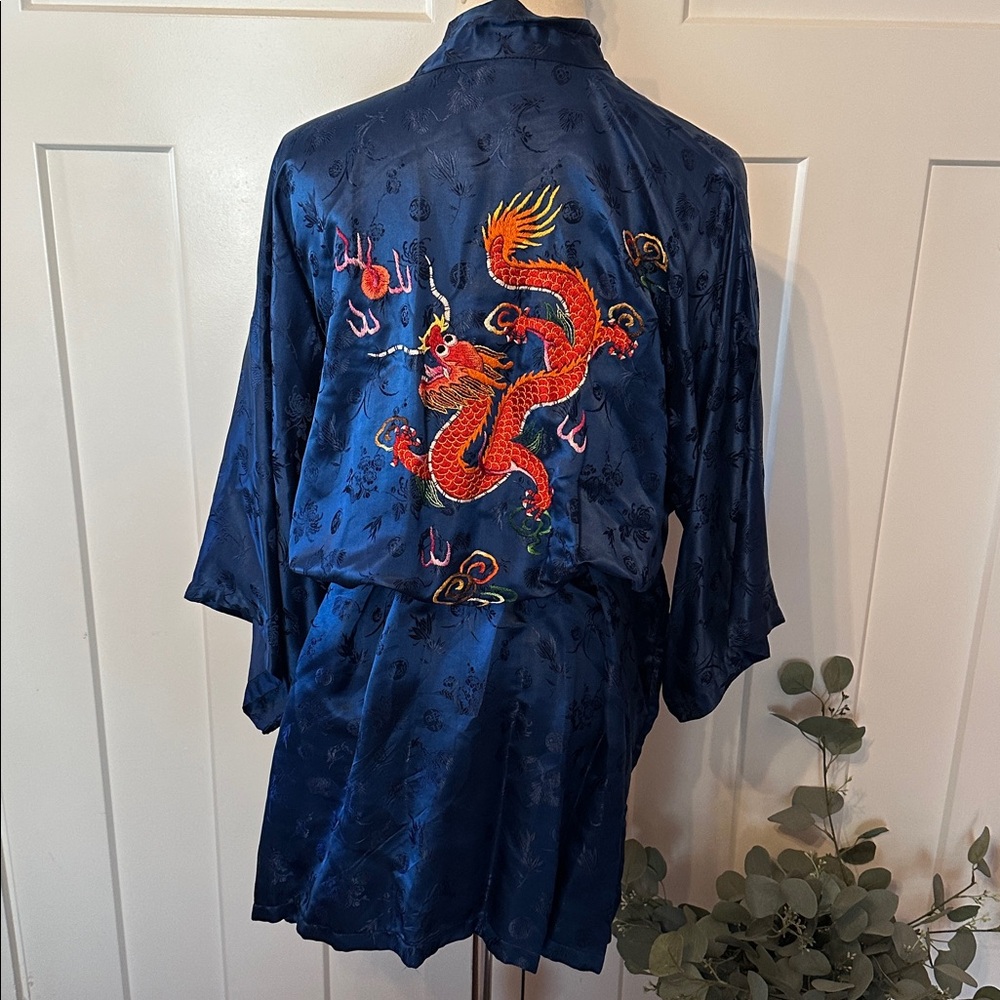 Vintage Esme Women's embroidered dragon embossed Chinese blue L pure silk robe